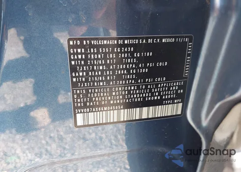 2019 Volkswagen Tiguan 2.0T S z USA, uszkodzony, nr VIN 3VV0B7AX6KM045654